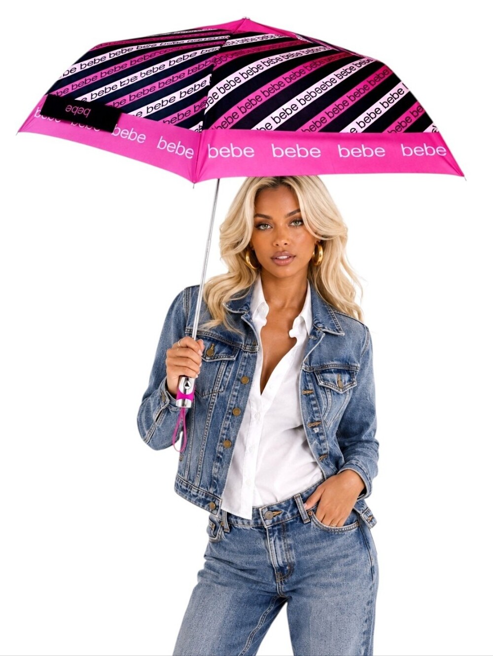 BEBE Auto Open UMBRELLA NWT Pink & Black Compact Travel